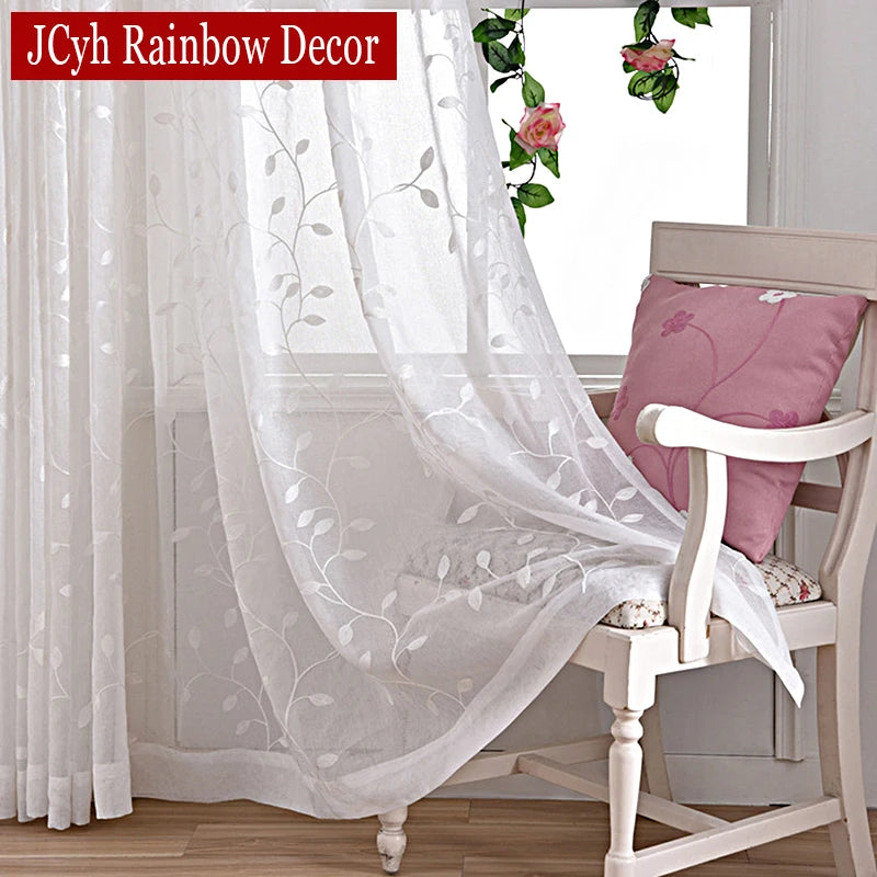 Voilage tulle brodé motif feuilles pour salon chambre - vue 1 sur 7