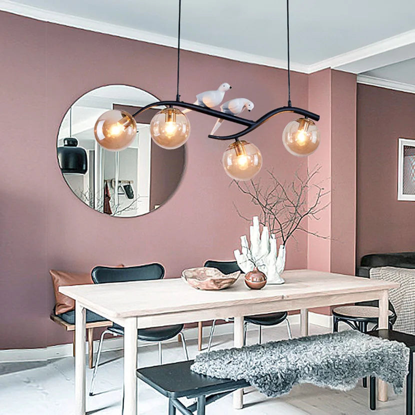 lustre en fer avec oiseau et boule de verre suspendue - vue 4 sur 12