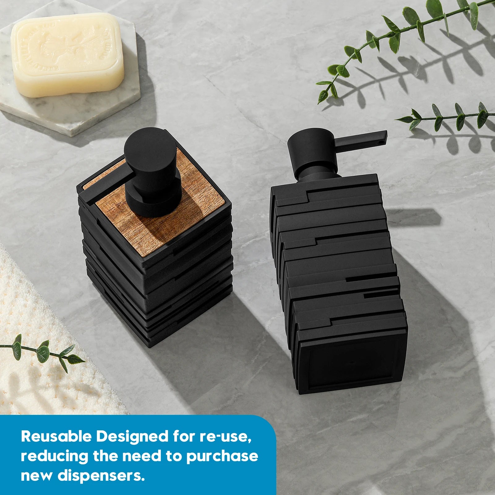 distributeur de savon noir mat avec décor en bois de teck grande capacité - vue 6 sur 6