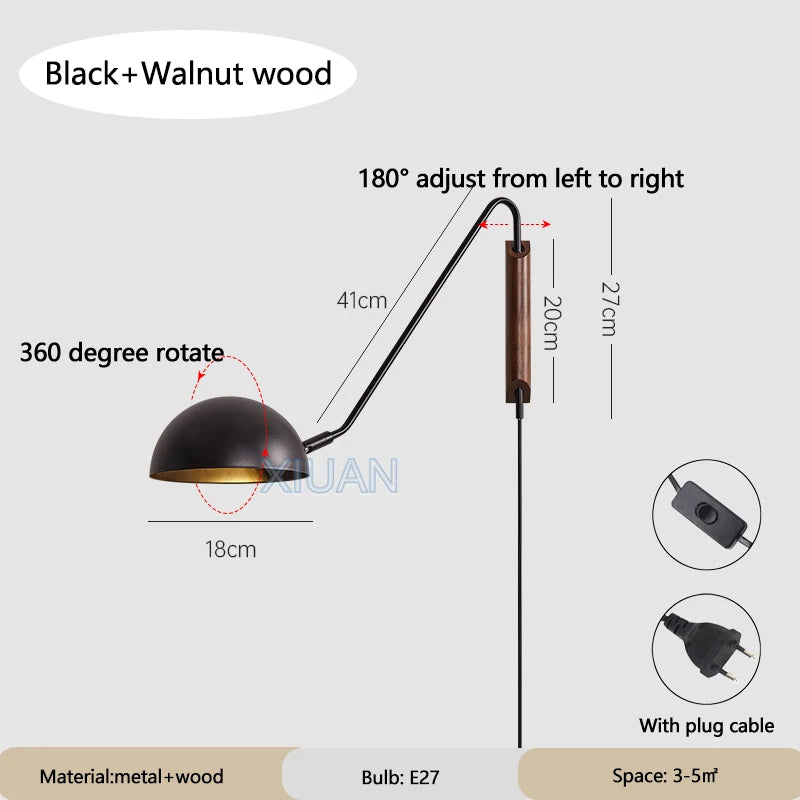 Nordic Bedroom Bedside Wall Lamps Plug In Wall Sconce Black White Iron Lampshade Swing Long Arms Wall Mounted Light E27 - vue 10 sur 14