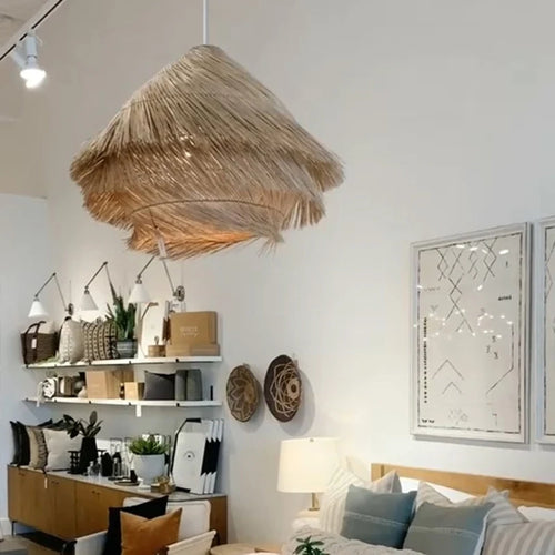 lustre en rotin tressé style wabi sabi pour intérieur - vue 4 sur 9
