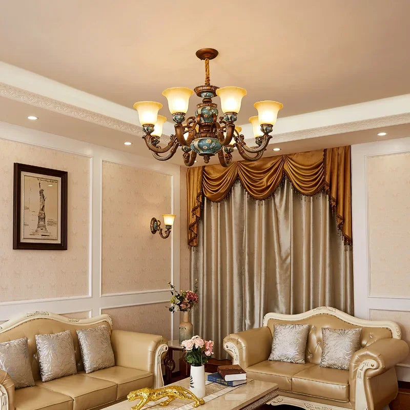 European style bedroom light, living room resin chandelier, LED glass and iron art chandelier - vue 3 sur 12