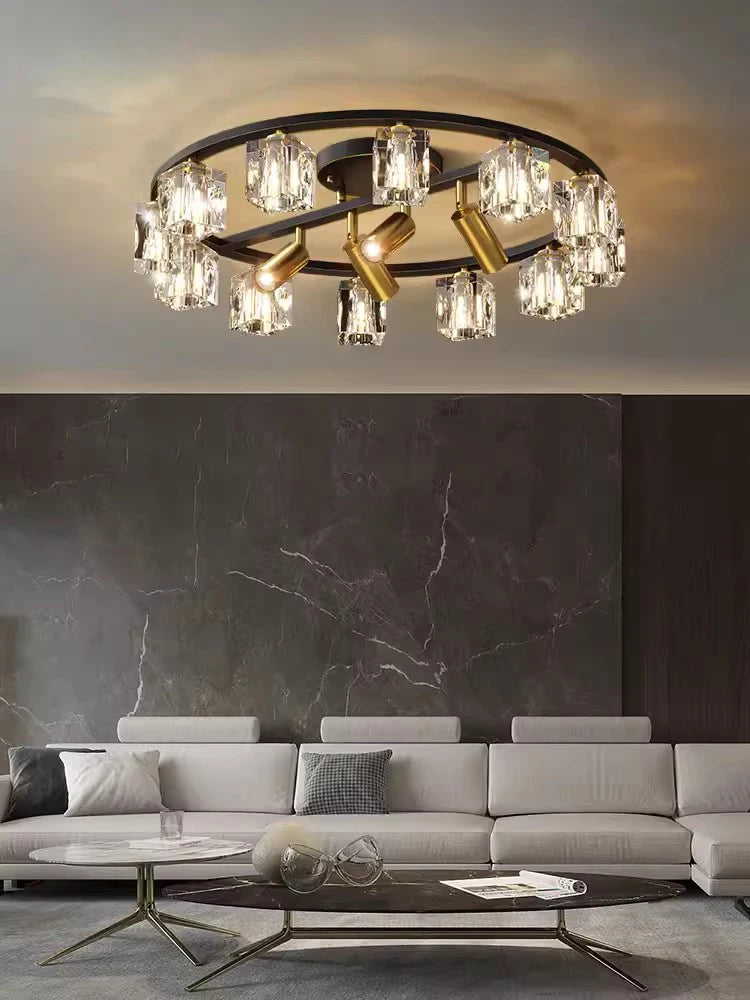 lustre en cuivre et cristal pour décoration moderne 2024 - vue 6 sur 10