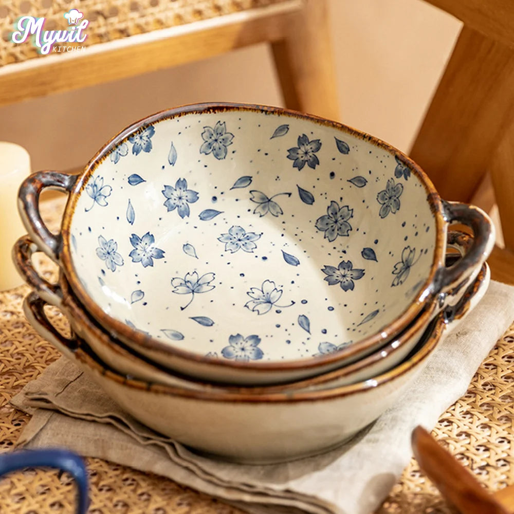 Bol nouilles ceramique anse motif floral 19 cm - vue 2 sur 7