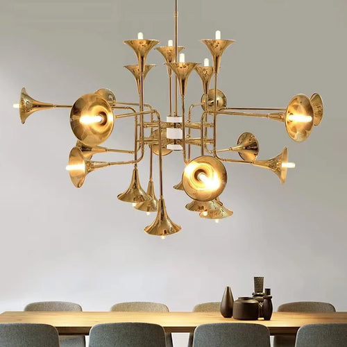 lustre trompette dorée à plusieurs têtes design moderne - vue 3 sur 10