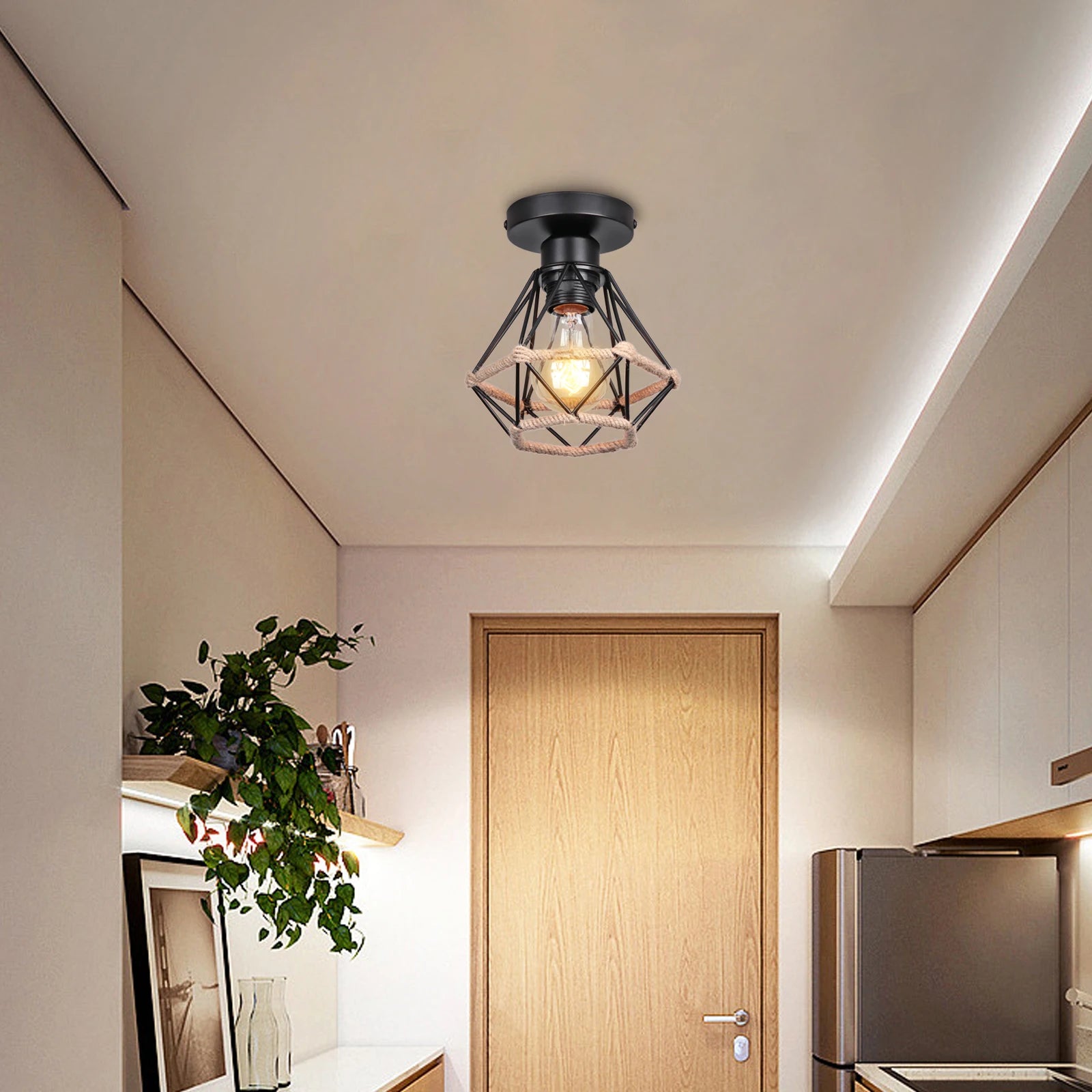 lustre de plafond en corde de chanvre fait main style industriel rétro - vue 4 sur 15