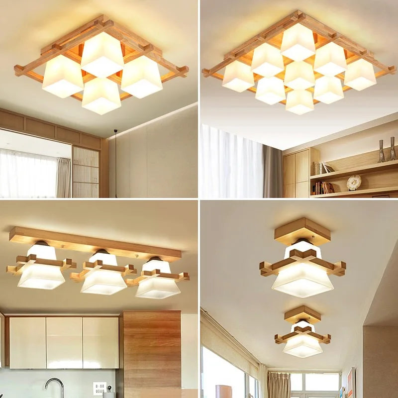 plafonnier led japonais avec abat-jour en verre et base en bois - vue 3 sur 18