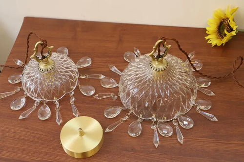 lustre en laiton nordique rétro suspendu en cristal et verre - vue 7 sur 10
