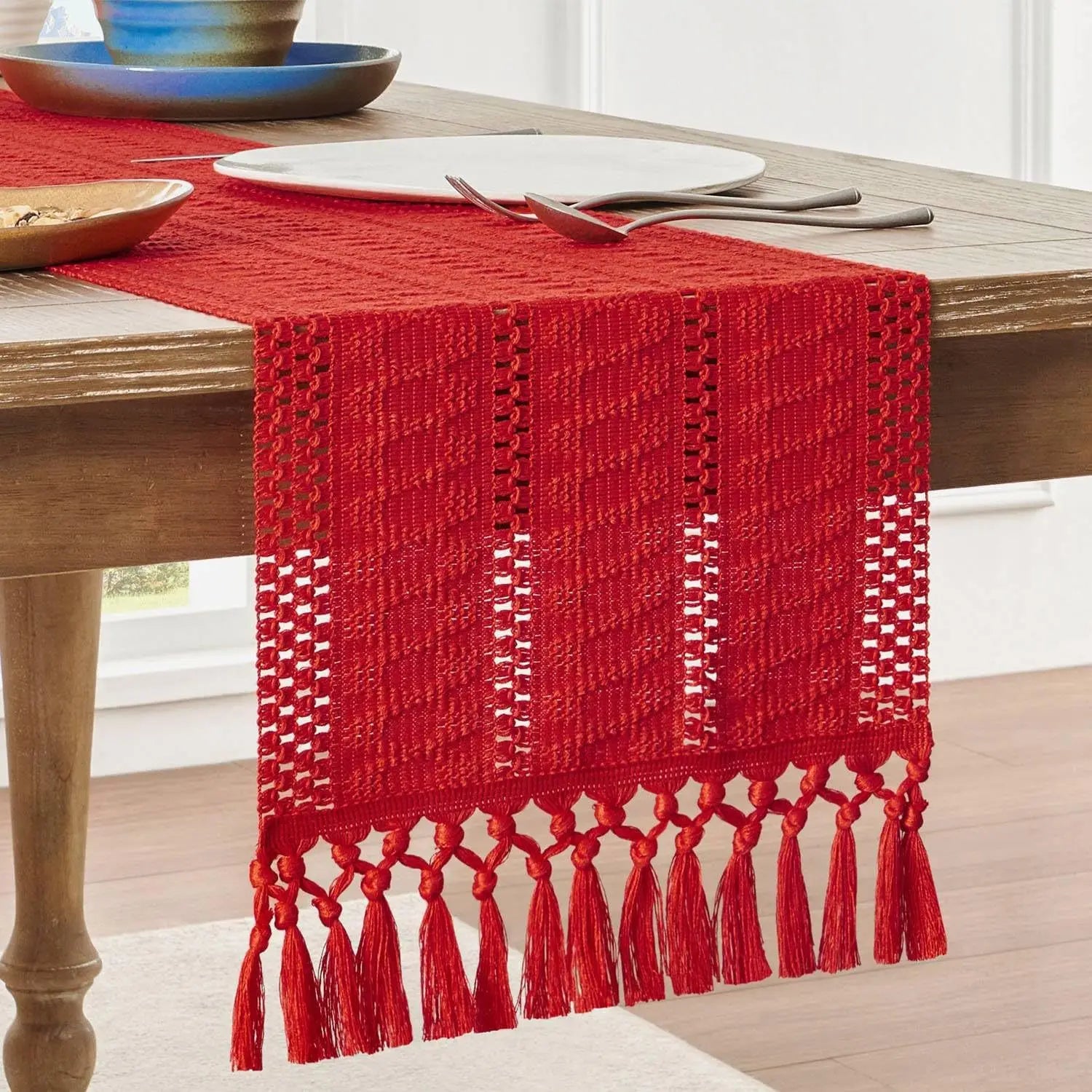 Chemin de table macramé bohème ivoire tissé rayé