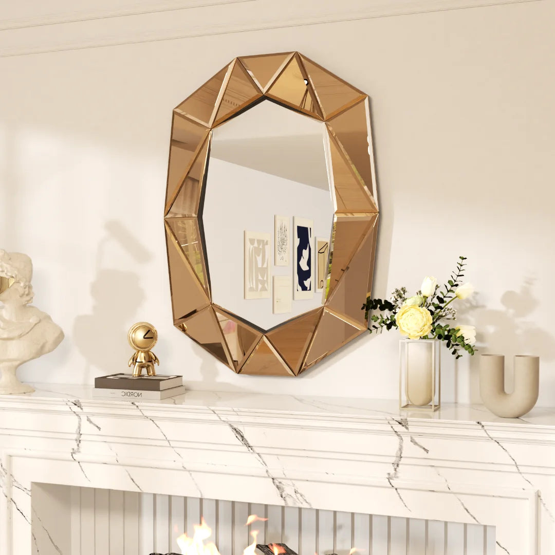 miroir mural décoratif asymétrique en verre argenté avec détails biseautés - vue 4 sur 9
