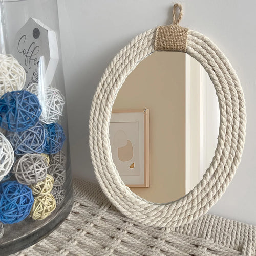 miroir ovale en corde style nautique avec frange en macramé - vue 4 sur 7
