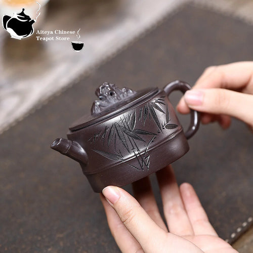 theiere yixing argile sculpture bambou motif cent yeux - vue 4 sur 6