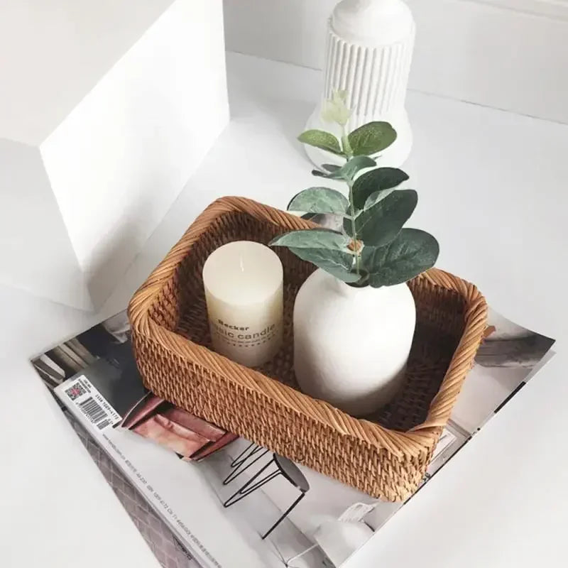 panier en rotin rectangulaire tissé à la main pour rangement et pique-nique - vue 5 sur 15