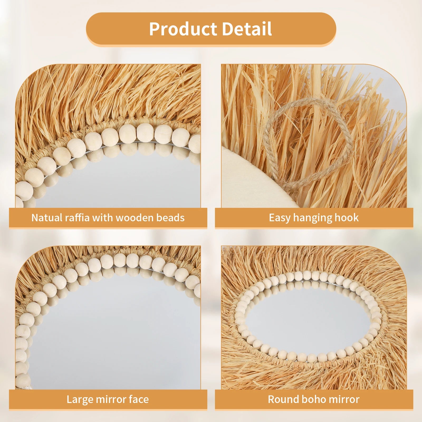 miroir décoratif en perles de bois fait main style bohème - vue 5 sur 7