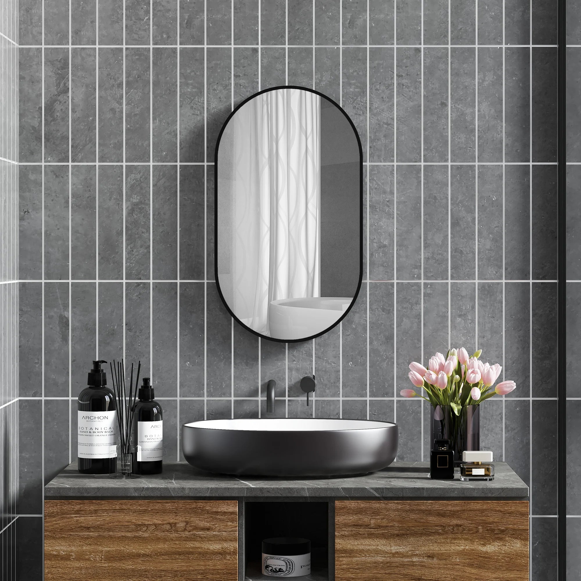 miroir ovale avec cadre en aluminium noir pour décoration intérieure - vue 3 sur 7