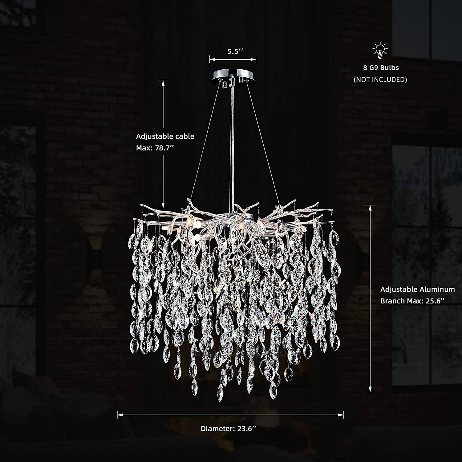 lustre en cristal de luxe avec branches led pour intérieur moderne - vue 13 sur 14