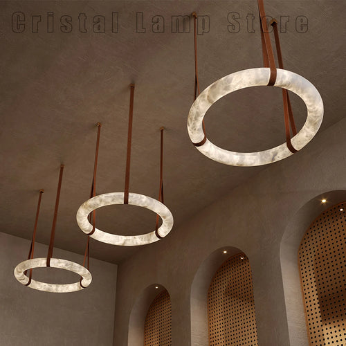 Plafond nordique Led Source de lumière suspension de luxe moderne grand anneau d'albâtre lustre éclairage pour Restaurant salon - vue 3 sur 6