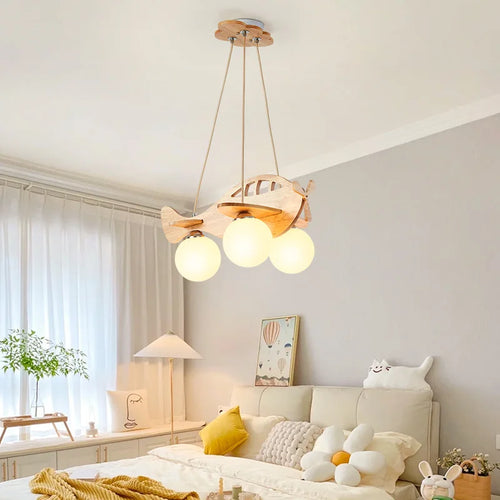 lustre avion en bois led pour chambre d'enfant moderne - vue 6 sur 7