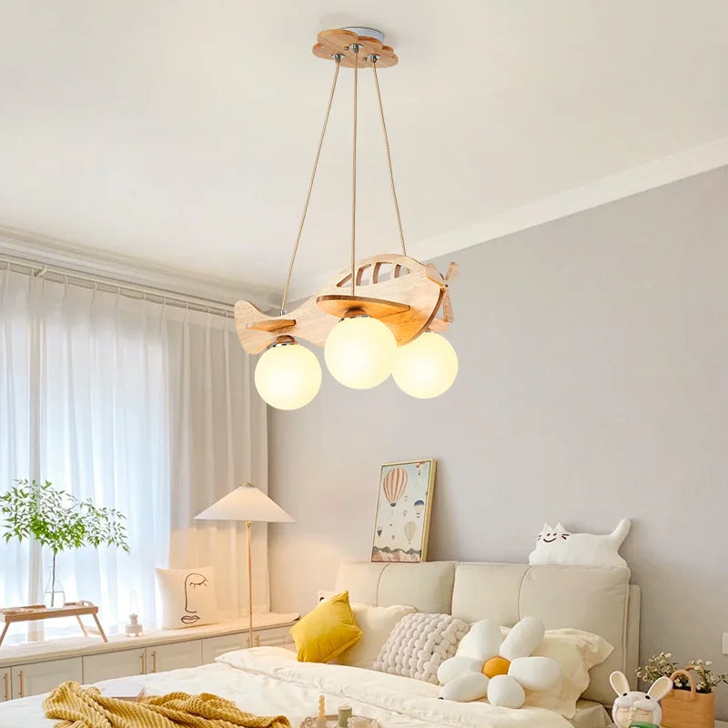 lustre avion en bois led pour chambre d'enfant moderne - vue 5 sur 7