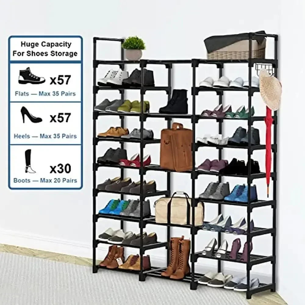 étagère à chaussures en métal double rangée avec crochets polyvalente - vue 5 sur 9