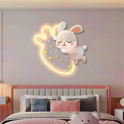 Dessin animé fraise lapin peinture décorative applique murale LED lampe filles chambre chevet atmosphère lumière enfants acrylique murale appliques - vue 5 sur 8