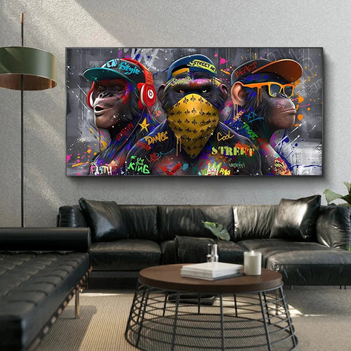 trois orangs-outans graffiti art mural décoration singe musique - vue 4 sur 7