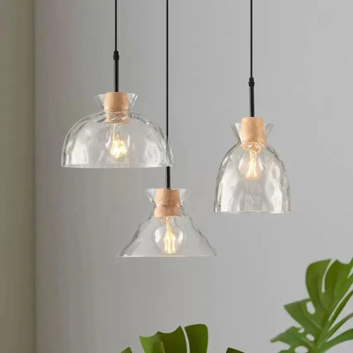 lampes suspendues nordiques en verre et bois led décoratives - vue 2 sur 9