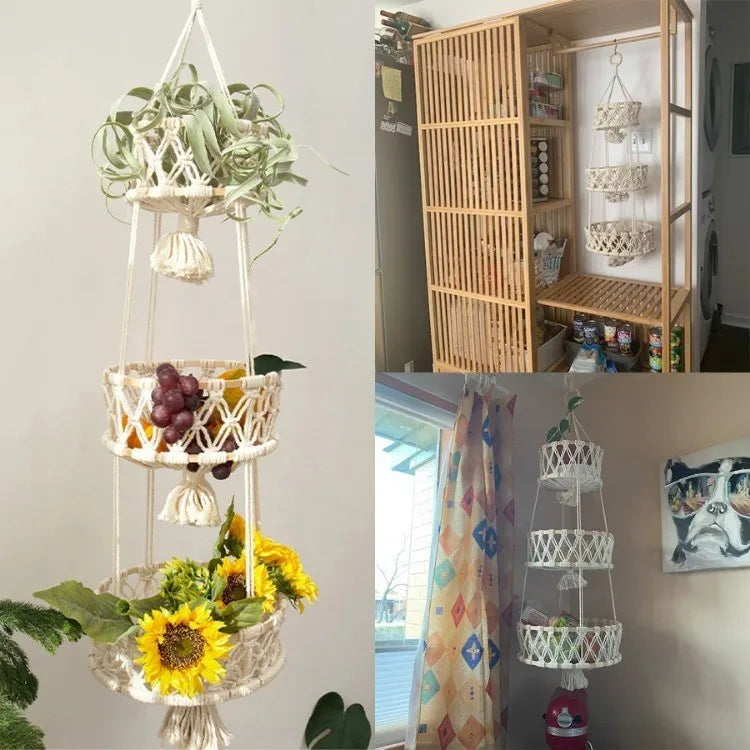 paniers muraux en corde de coton avec glands en macramé - vue 5 sur 7