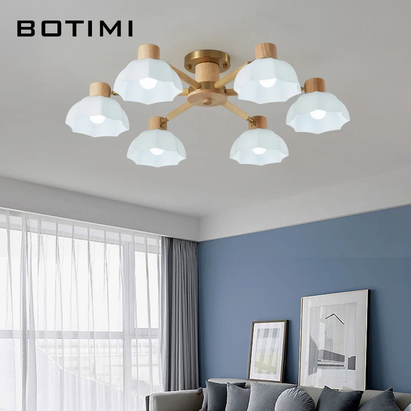 Plafonniers nordiques en bois de caoutchouc avec lampadaires en verre pour salon moderne blanc chaud lumière froide Lustres chambre lampara - vue 4 sur 12