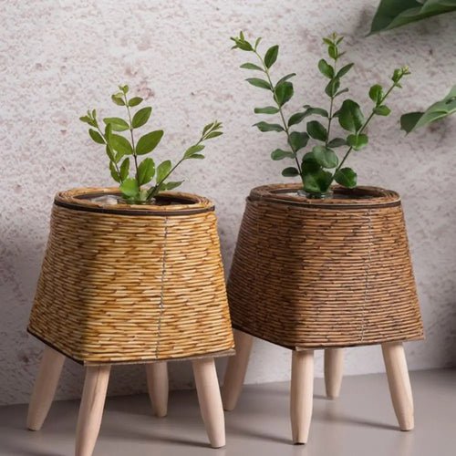 pot de fleurs rotin tressé créatif avec pieds amovibles et support durable - vue 4 sur 14