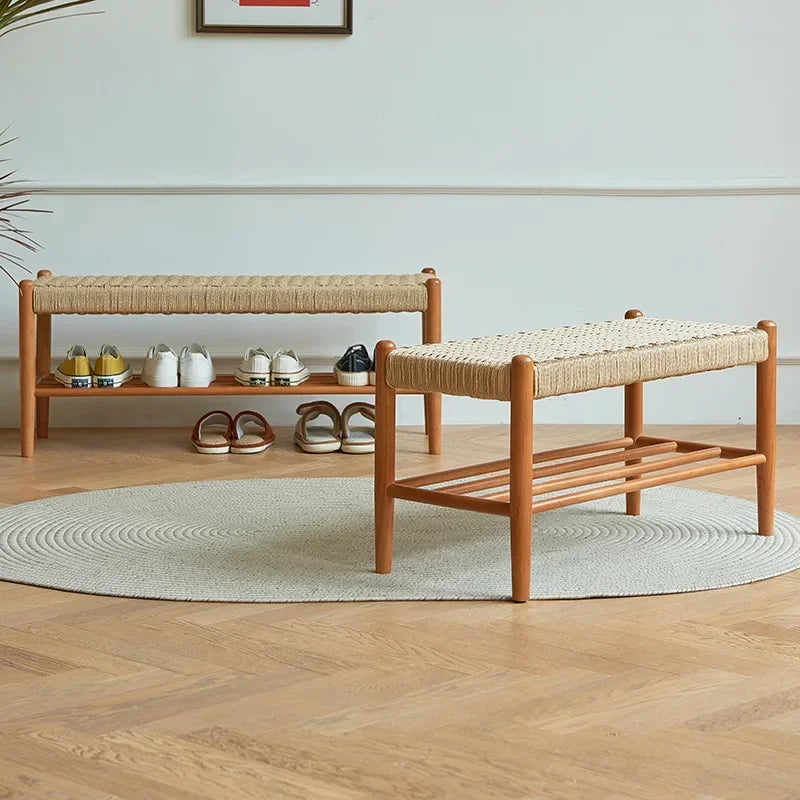 tabouret à chaussures en bois massif tressé en rotin style rétro moderne - vue 4 sur 9
