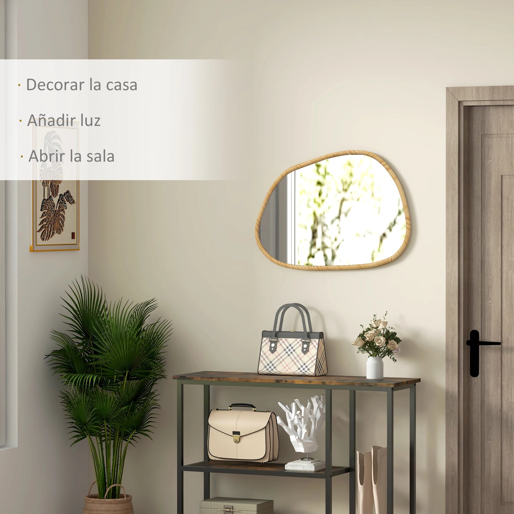 miroir mural homcom forme irrégulière avec cadre en bois naturel - vue 4 sur 7