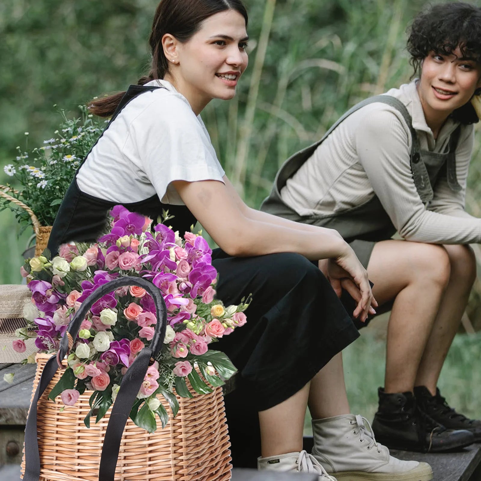 sac à main en paille avec panier à fleurs en rotin - vue 8 sur 8