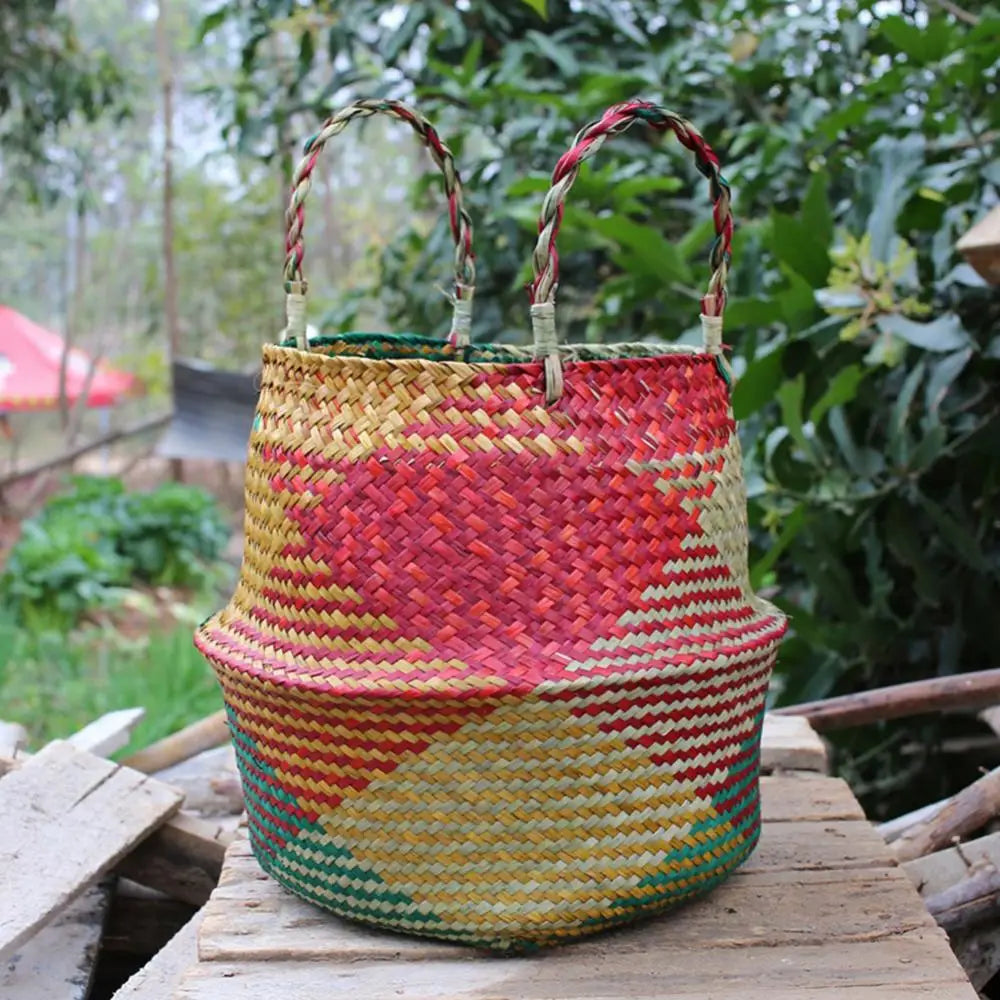 panier de rangement en paille avec poignée pliable pour fleurs et linge - vue 3 sur 8