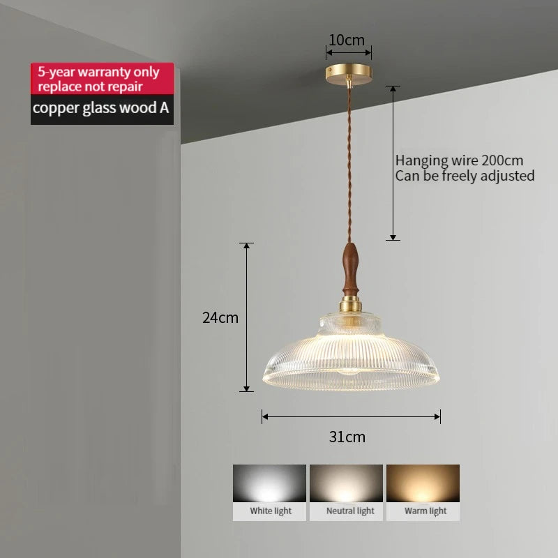 suspension vintage nordique en verre bois de noyer et laiton - vue 3 sur 13