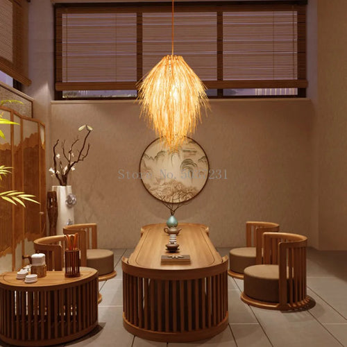 lustre en rotin tissage bambou chapeau de paille lampe pastorale décor salle - vue 7 sur 7