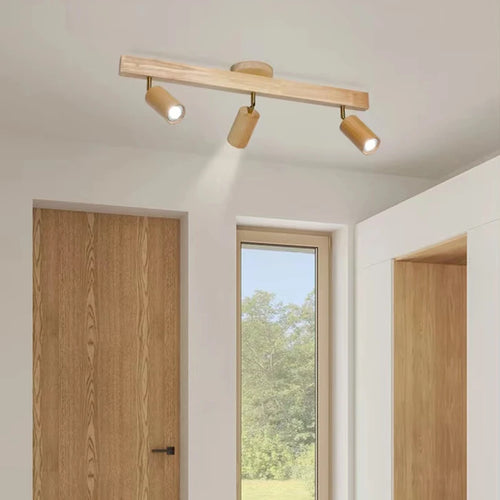 plafonnier led moderne en bois avec projecteur sur rail - vue 2 sur 10