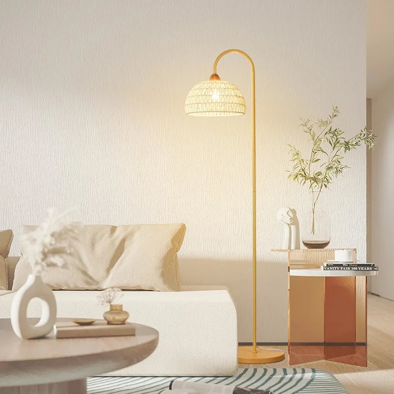 lampadaire vintage en rotin pour éclairage intérieur ambiance - vue 4 sur 7