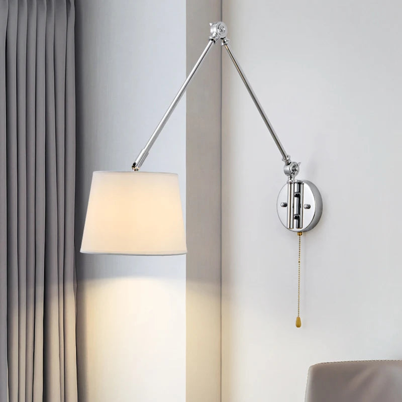 Luxury Chrome Wall Lamp Swing Long Rocker Arm Wall Light LED E27 Adjustable Joint Fabric Sconce Reading Wall Lamps with Switch - vue 3 sur 7