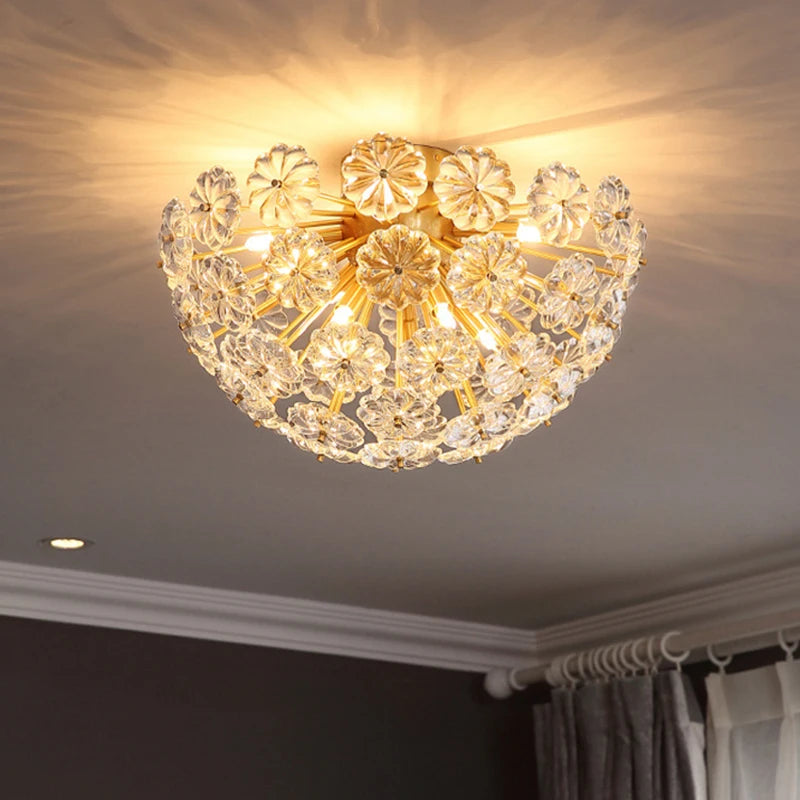 lustre suspendu en cuivre avec cristaux de pissenlit rond - vue 5 sur 12