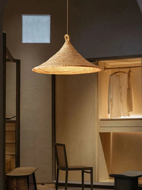 Lustre de style japonais tressé en rotin clair - vue 6 sur 10