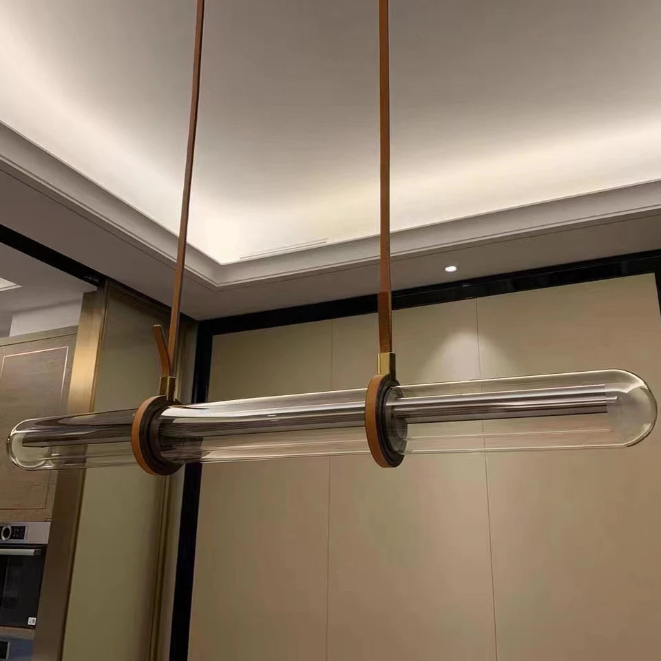 lustre long design moderne led luxe cuir verre lampara - vue 7 sur 7