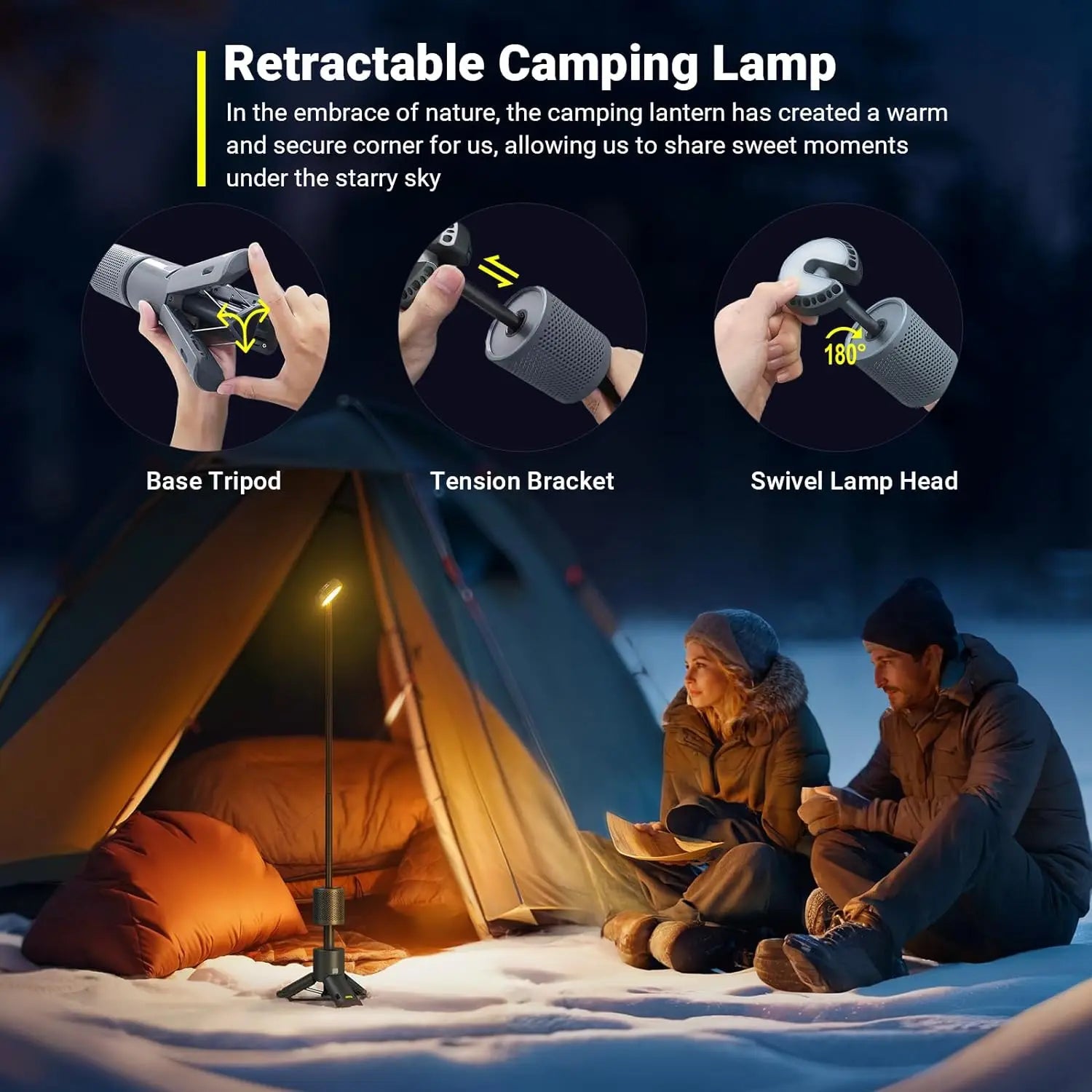 LED Outdoor Camping Lantern, UBS Rechargeable, Adjustable Color Temperature Outdoor Portable Lantern, IP65 Waterproof, Retractab - vue 3 sur 8