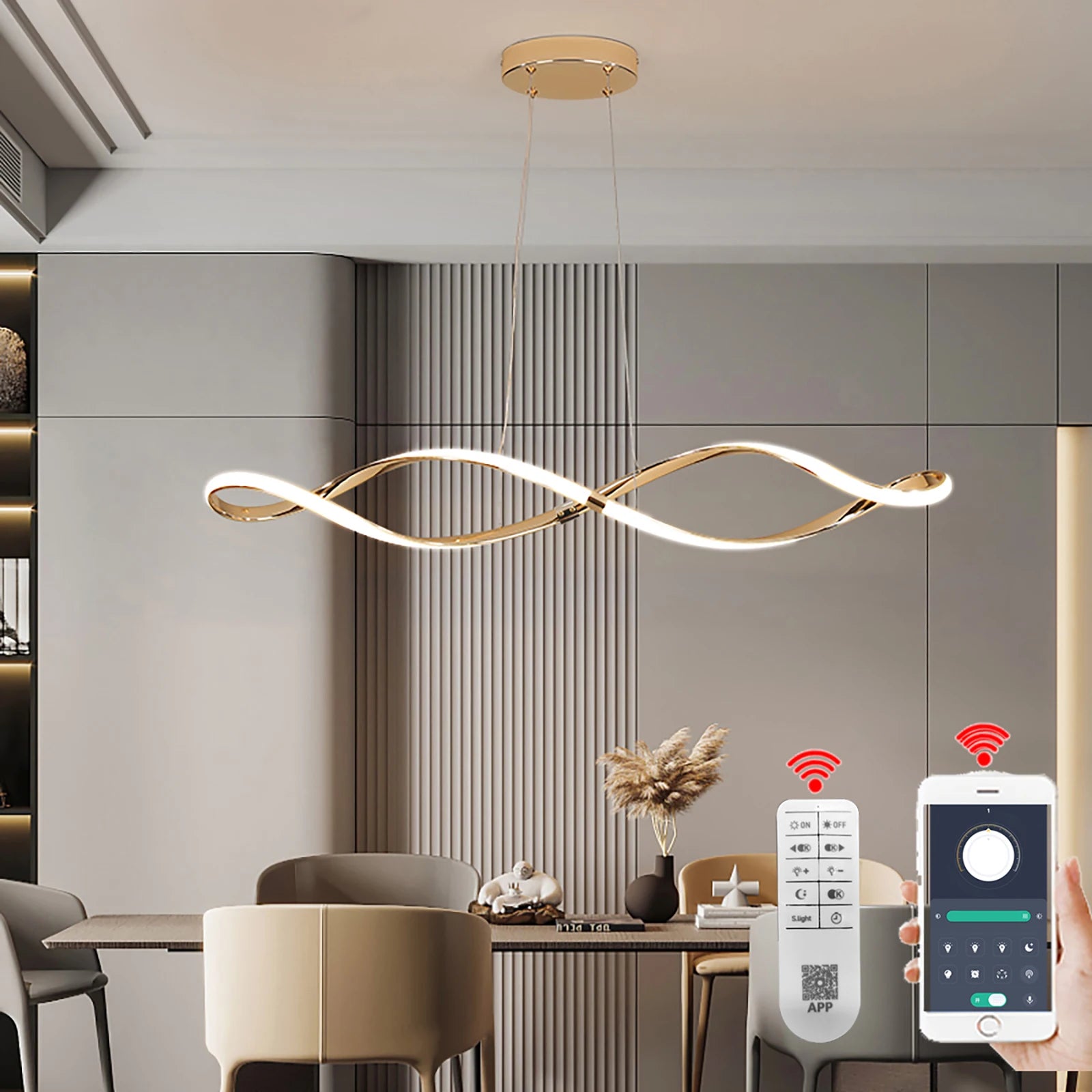 lustre led moderne suspendu avec éclairage et télécommande - vue 3 sur 8