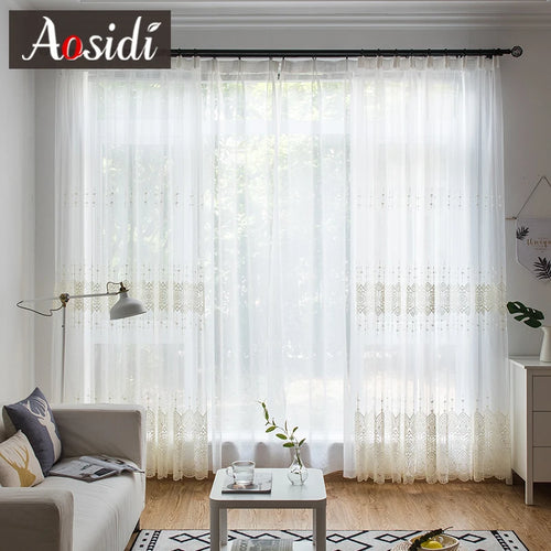 Voilage brodé tulle transparent style moderne salon chambre - vue 3 sur 7