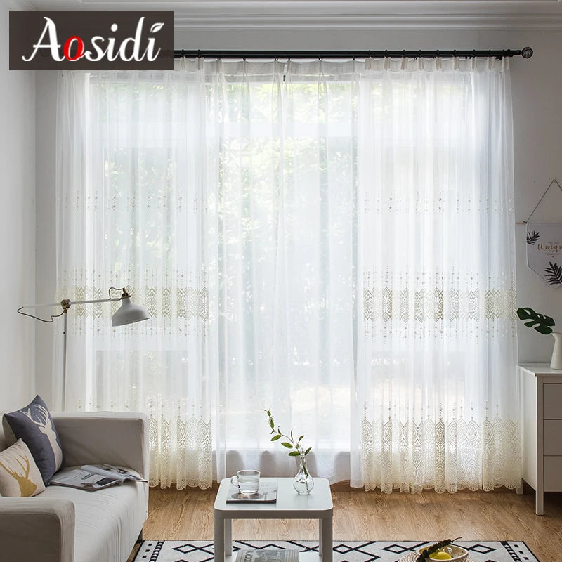 Voilage brodé tulle transparent style moderne salon chambre - vue 2 sur 7