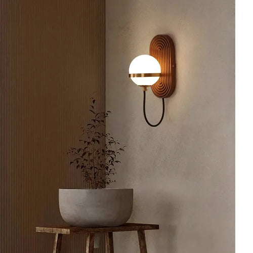 Walnut Wood Circular Sphere, Wabi-sabi minimalist Modern style, Wall Sconce light for Bedroom, Bedside, Living, Dining Room - vue 5 sur 8