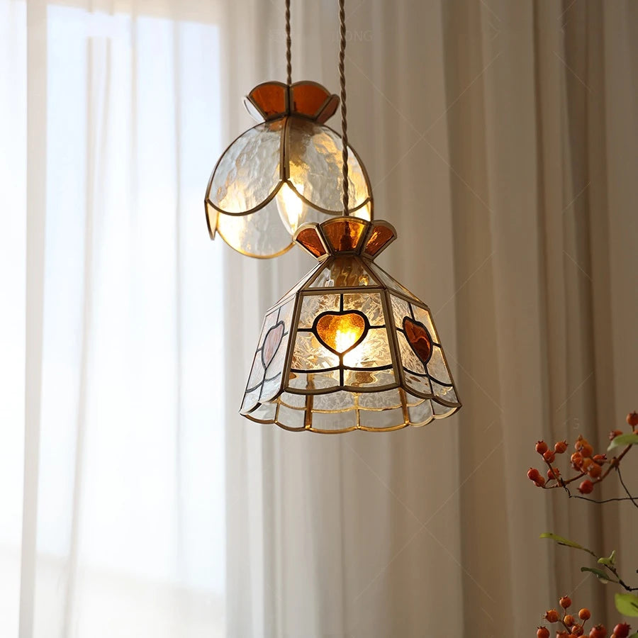 Suspension vintage en cuivre avec abat-jour en verre fait main - vue 5 sur 21