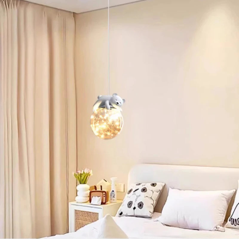 Simple moderne mignon enfants chambre lustres blanc ours lapin lampes bébé chambre fille garçon chambre chevet lustre lumières en verre - vue 3 sur 8