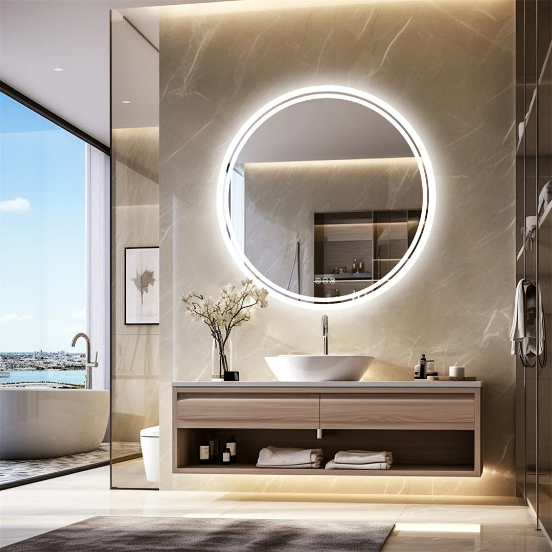 miroir rond à led rétroéclairé tactile antibuée montage mural - vue 2 sur 8